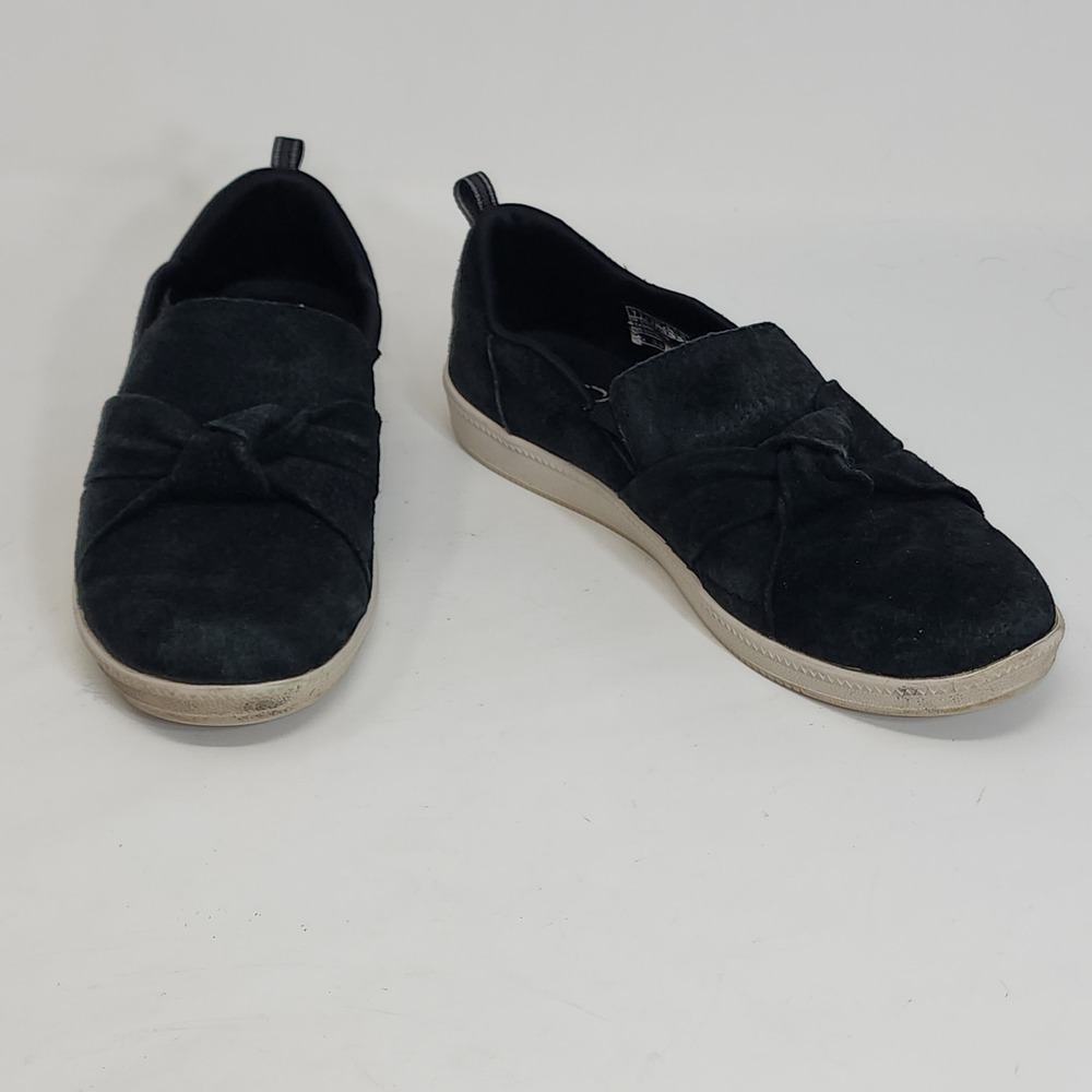 Skechers Slip On Sneakers Womens 7 Black Suede‎ Leather Bow 100404 BKW Casual
